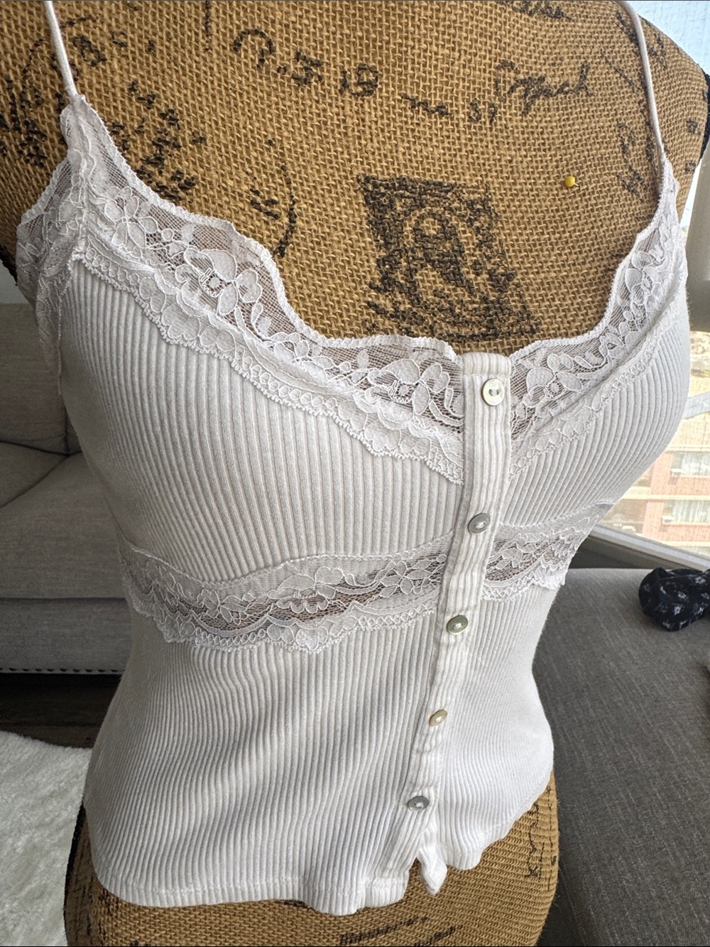 Zara White Ribbed Cami with Lace Trim - Picture 3 of 7